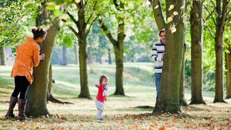 Family playing in the woodlands at Cliveden, Buckinghamshire.